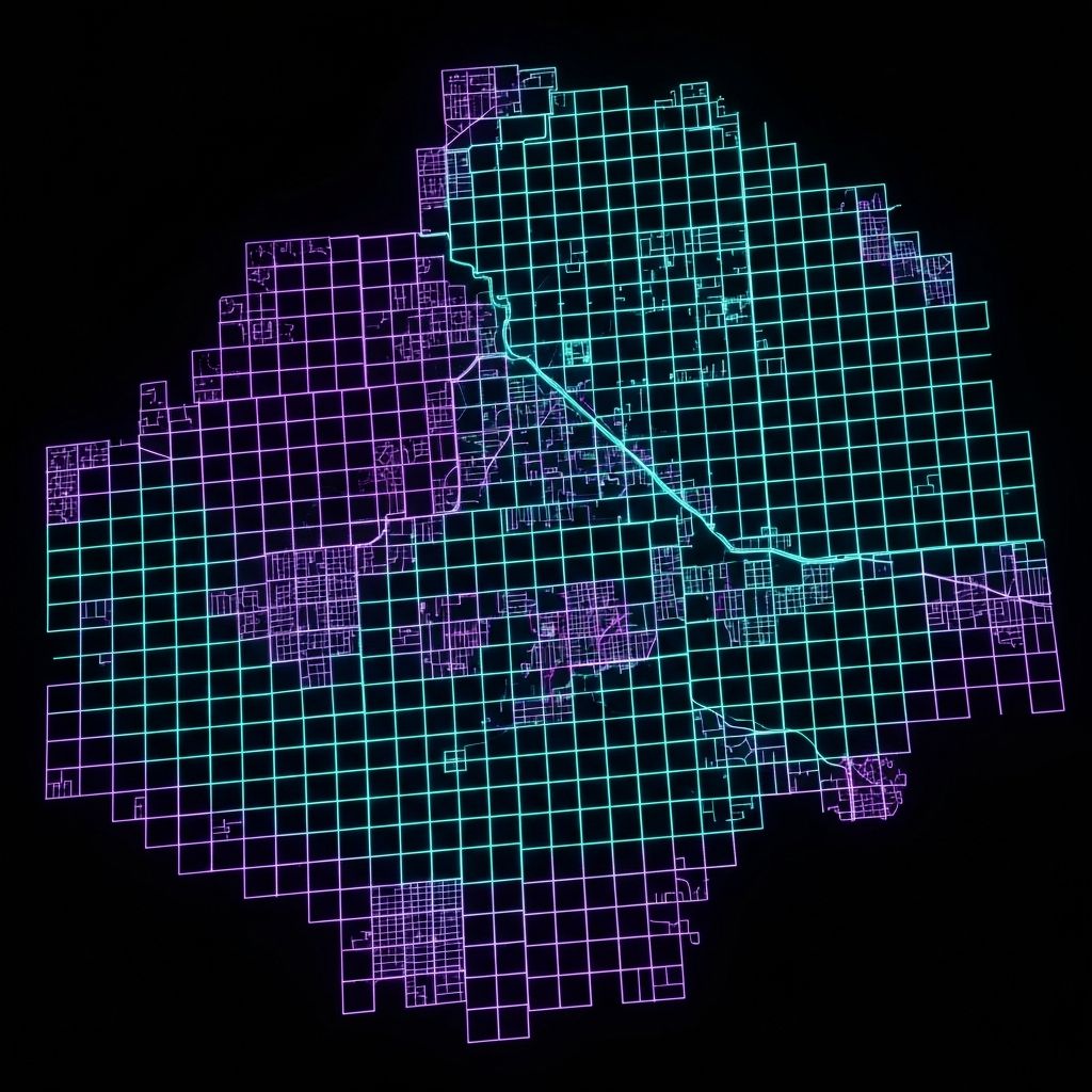 Nova atlas map showing fictional cyber realm districts from above with glowing grid lines