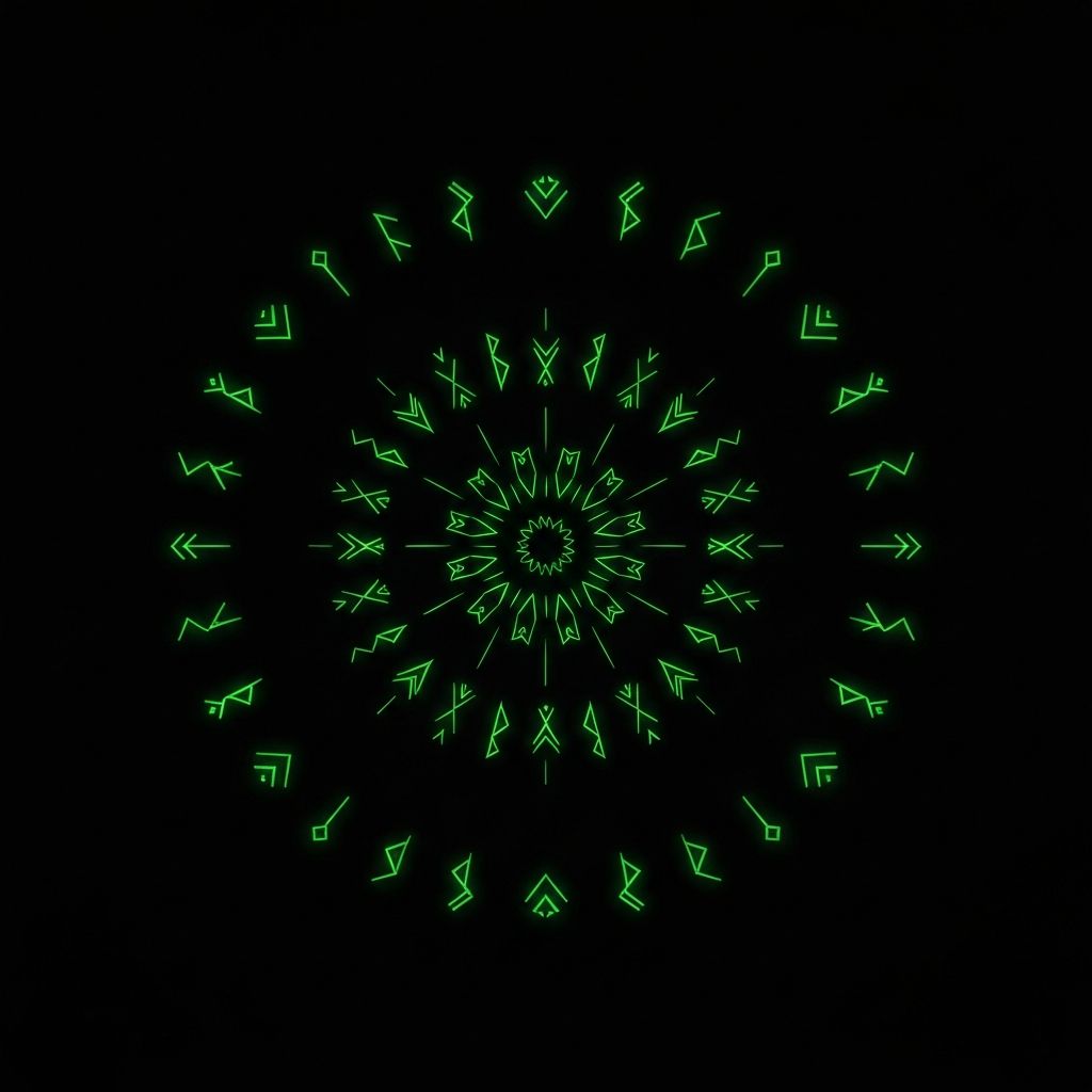 Abstract digital folklore symbol with glowing circular patterns representing signal interpretation