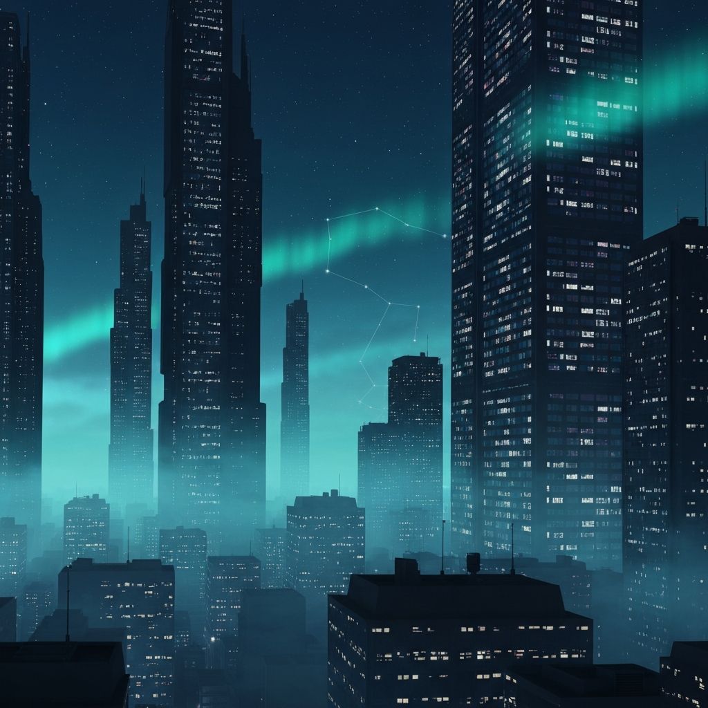 Layered cyber realm cityscape suggesting the calm beneath network complexity